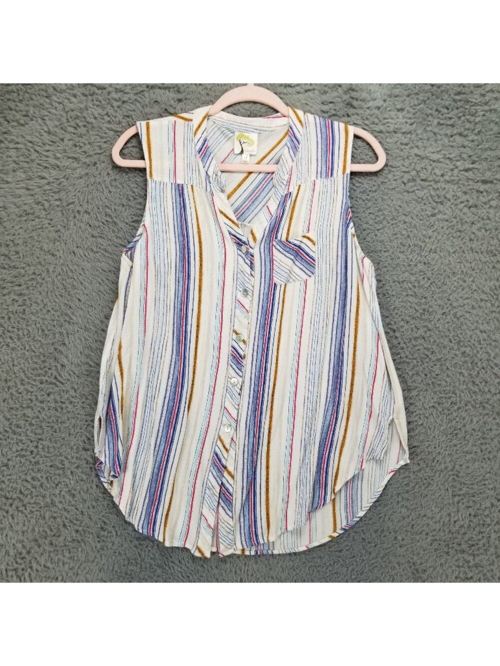Fig & Flower Shirt Womens XL Blue Striped Sleeveless Button Up